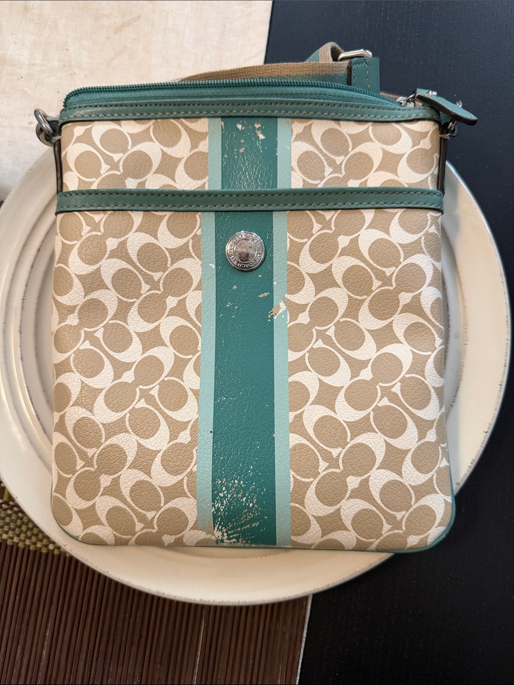 Coach Beige Signature Crossbody with Teal Center Stripe